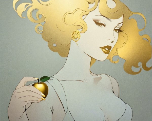 Glamorous Woman with Golden Hair and Apple Artwork