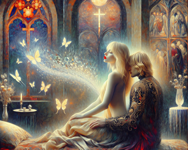 Mystical Scene with Flowing Hair and Ornate Clothing
