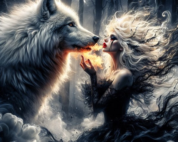 Mystical Forest Scene with Woman and White Wolf