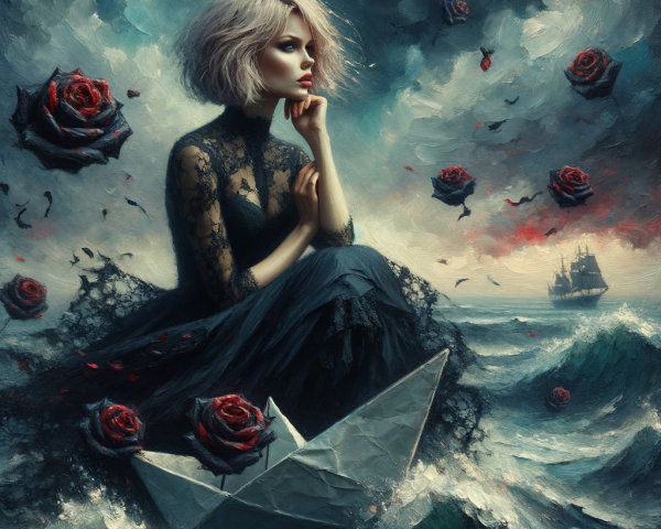Contemplative Figure in Black Gown on Paper Boat