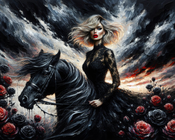 Woman in Elegant Dress Riding Black Horse at Sunset