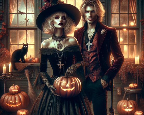 Gothic Couple in Halloween Decor with Black Cat