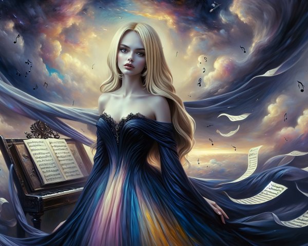 Mystical Figure in Colorful Gown with Piano Background