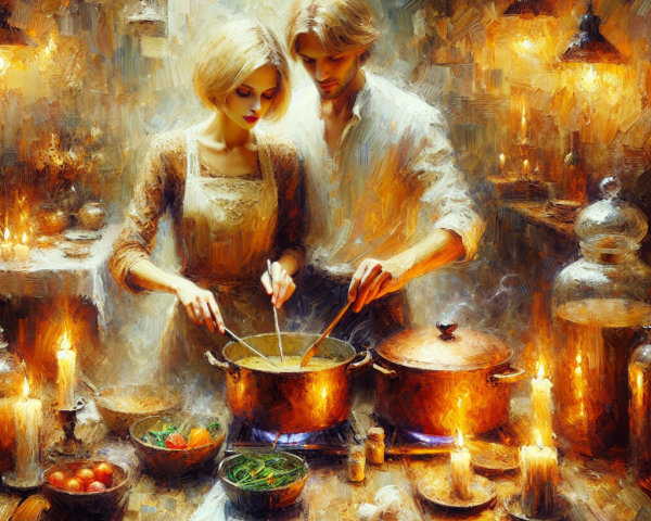 Couple Cooking Together in Cozy Rustic Kitchen