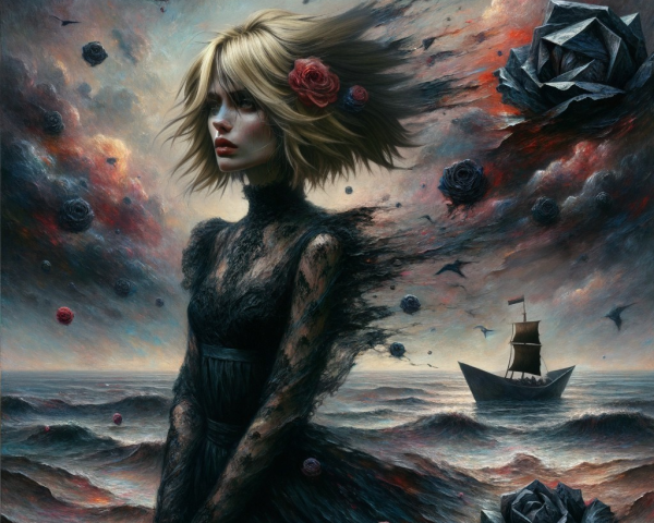 Melancholic figure in dark lace dress by turbulent sea