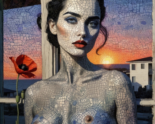 Mosaic Portrait of a Woman with Sunset Background