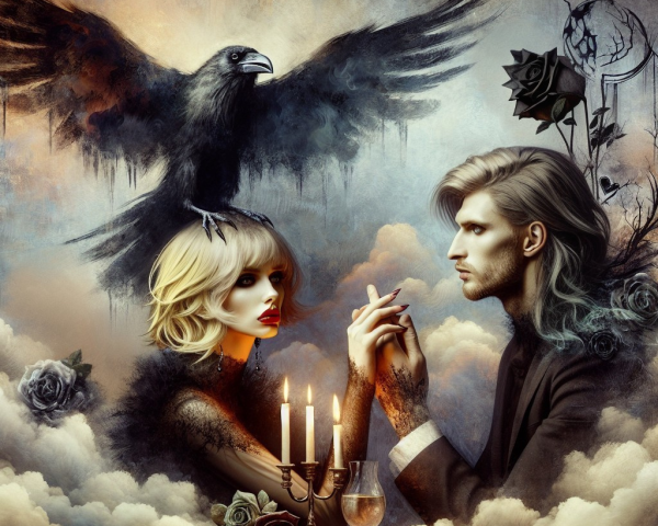 Couple at Ornate Table with Raven and Candlelight