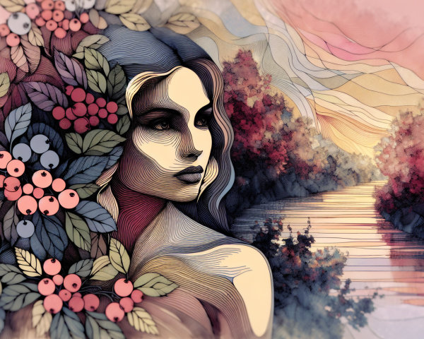 Stylized Woman with Hair and Vibrant Foliage