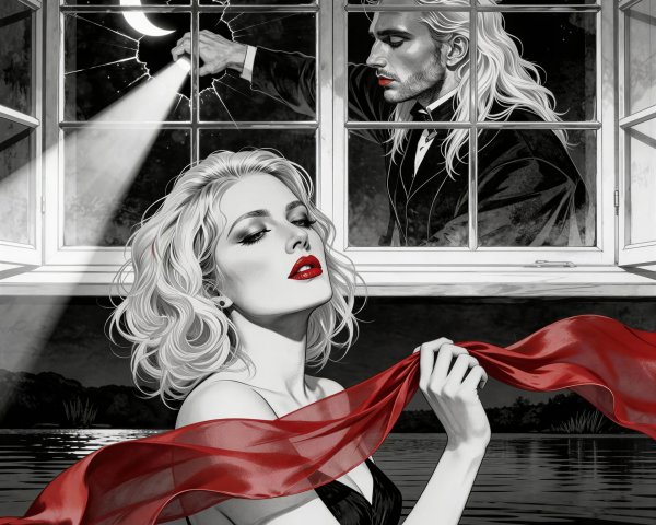 Neo-noir Illustration of Woman in Water with Red Scarf