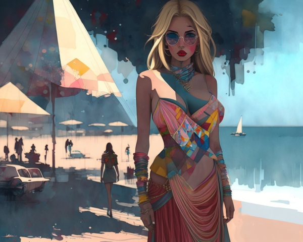 Stylish Woman in Artistic Dress at Beach Scene