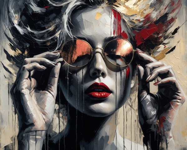 Portrait of a Woman with Bold Red Lips and Sunglasses
