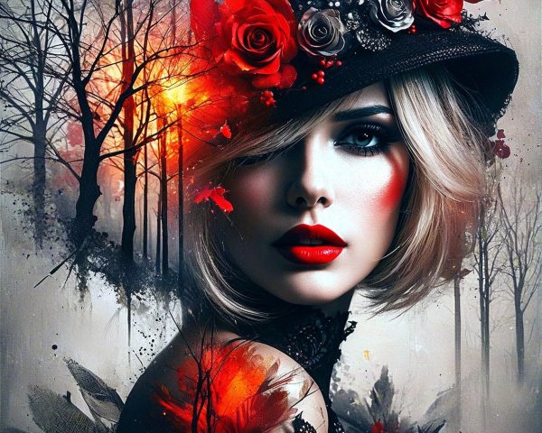 Portrait of a Woman in Black Hat with Roses and Feathers