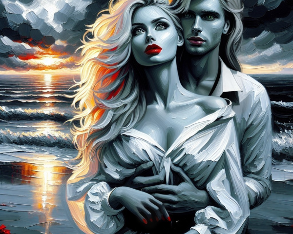 Couple Against Dramatic Seascape at Sunset