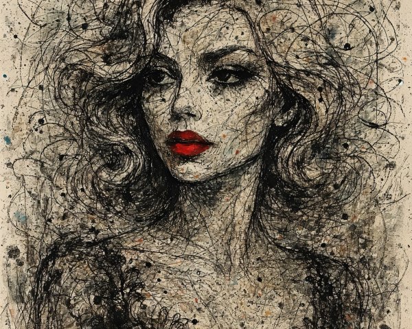 Portrait of a Woman with Wavy Hair and Bold Lips