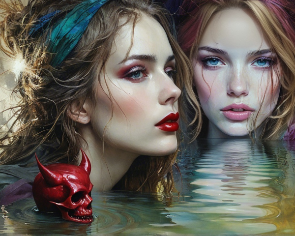 Ethereal Women by Tranquil Waters with Red Skull