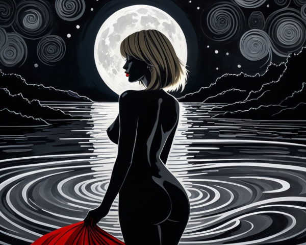 Neo-noir illustration of a woman in a dark lake