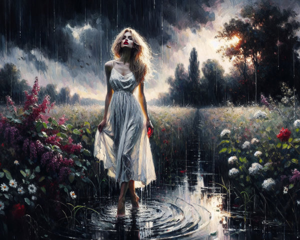 Lone figure in white dress amidst flowers and water