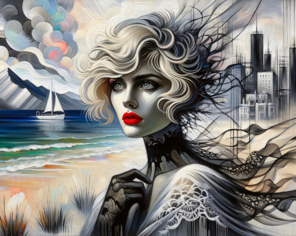 Female Figure with Blond Hair Against Dramatic Landscape