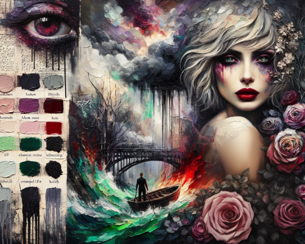 Portrait of a Woman with Flowers and Swirling Colors