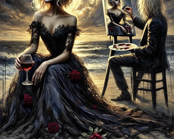 Elegant Woman Posing by Shoreline with Wine and Roses