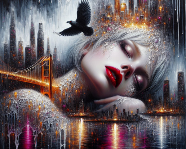 Serene Woman with Silver Hair and Dreamy Skyline