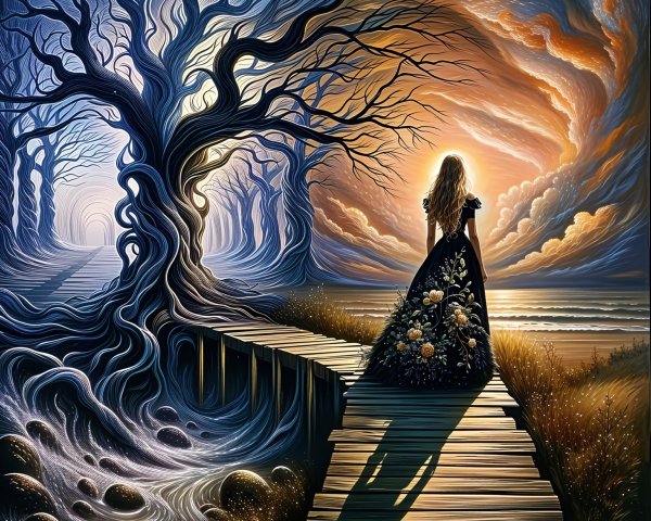 Surreal Landscape with Woman in Floral Gown