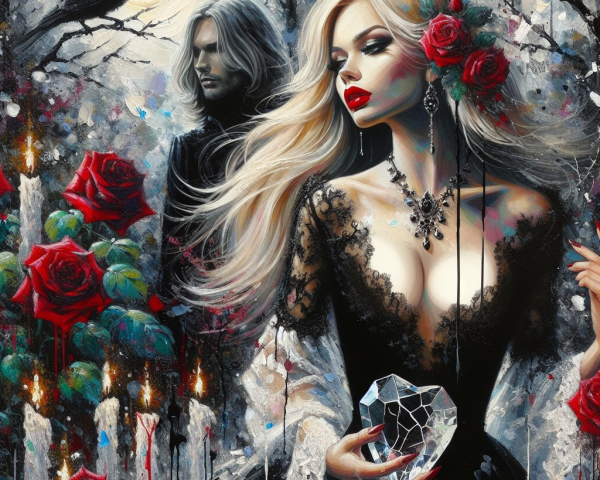 Gothic Artwork of Woman with Crystal Heart and Roses