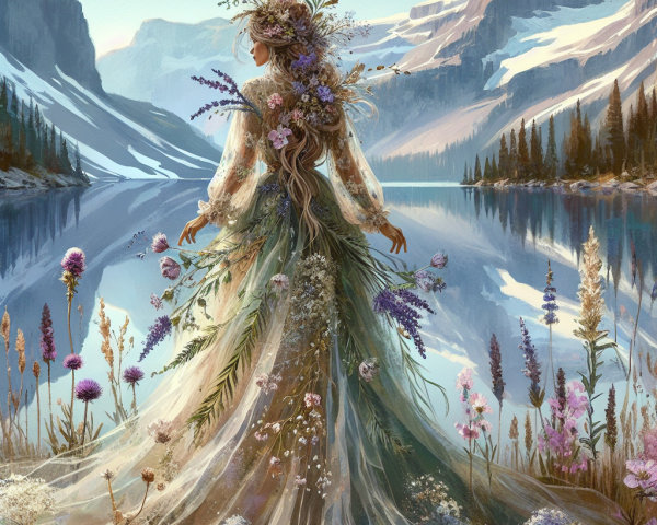 Woman in Floral Gown by Tranquil Lake and Mountains
