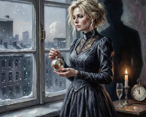 Woman in Black Dress by Window with Snow and Ornament