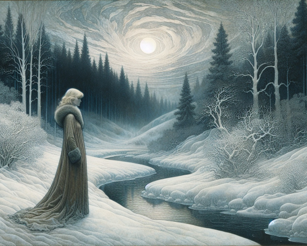 Blonde Woman in Brown Coat by Snowy Riverbank