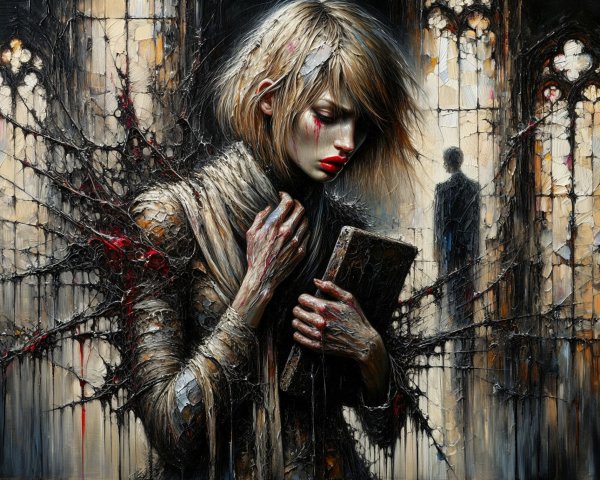 Haunting Figure in Gothic Space with Stained Glass
