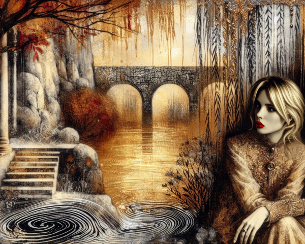 Surreal Landscape with Water, Rocks, and Autumn Trees