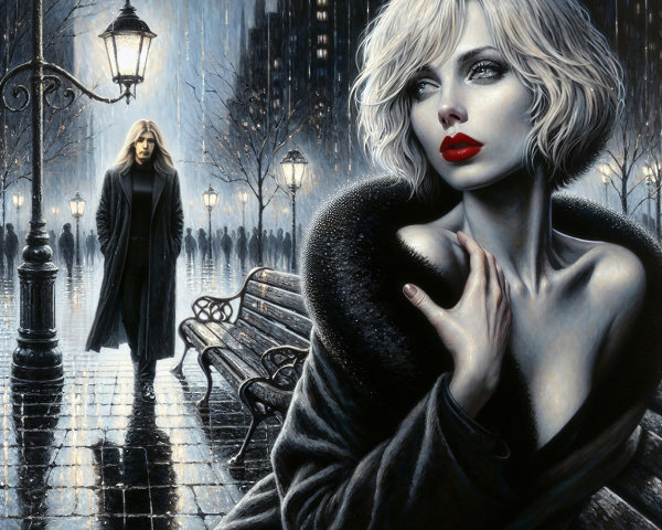 Urban Scene with Woman in Coat and Shadowy Figure