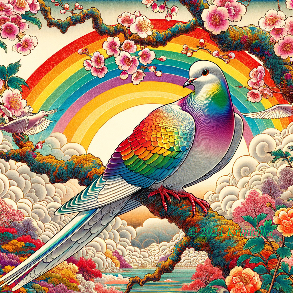 Colorful Pigeon with Rainbows and Flowers Background