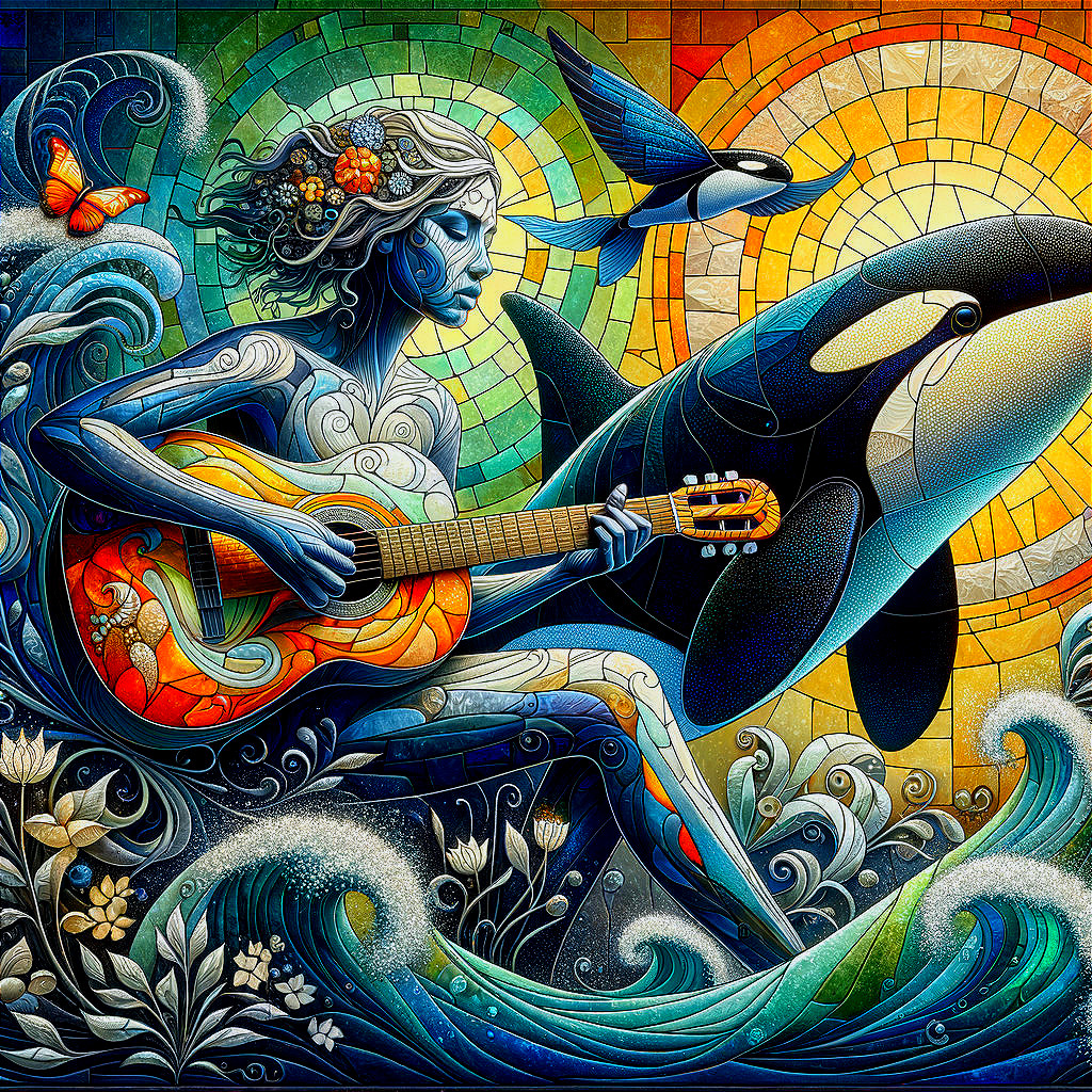 Mosaic Illustration of Serene Figure with Guitar and Nature