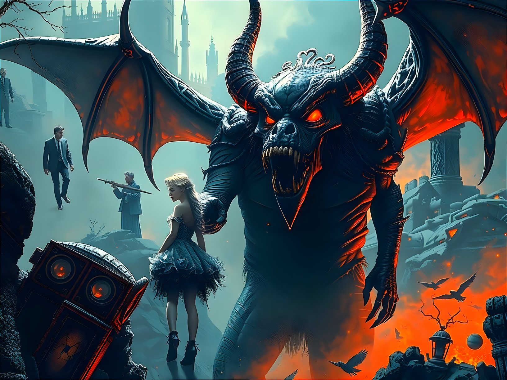 Dramatic Fantasy Scene with Demon and Gothic Woman