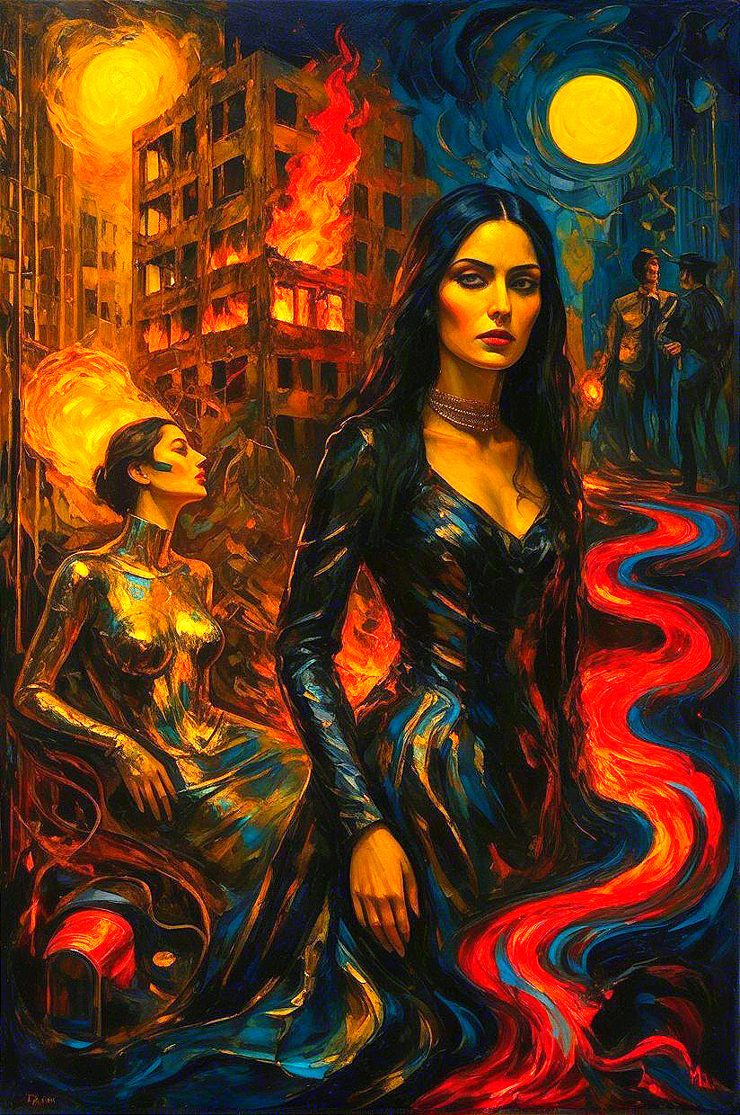 Dramatic Artwork Featuring Strong Woman and Fiery Background