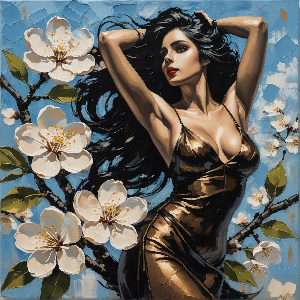 Artwork of Woman in Gold Dress with White Flowers
