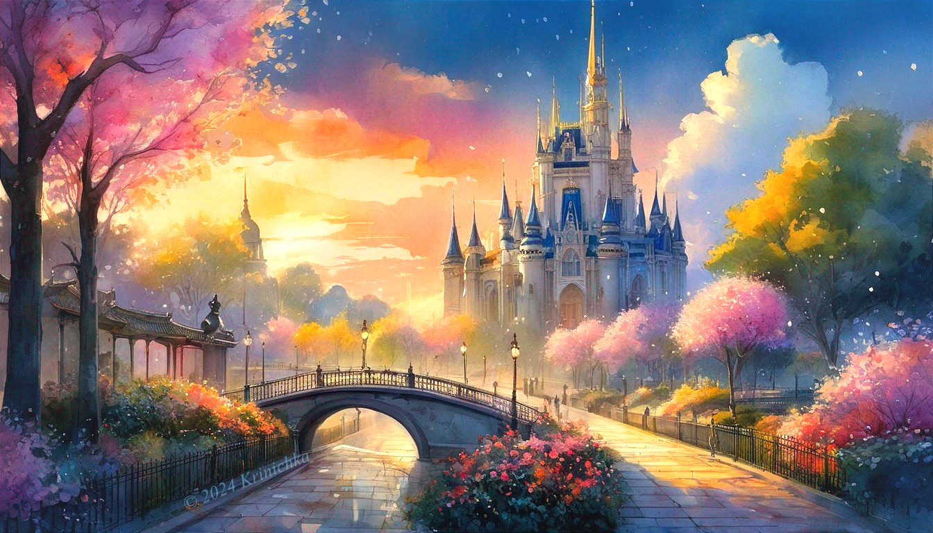Majestic Castle in Sunset with Cherry Blossoms and Bridge