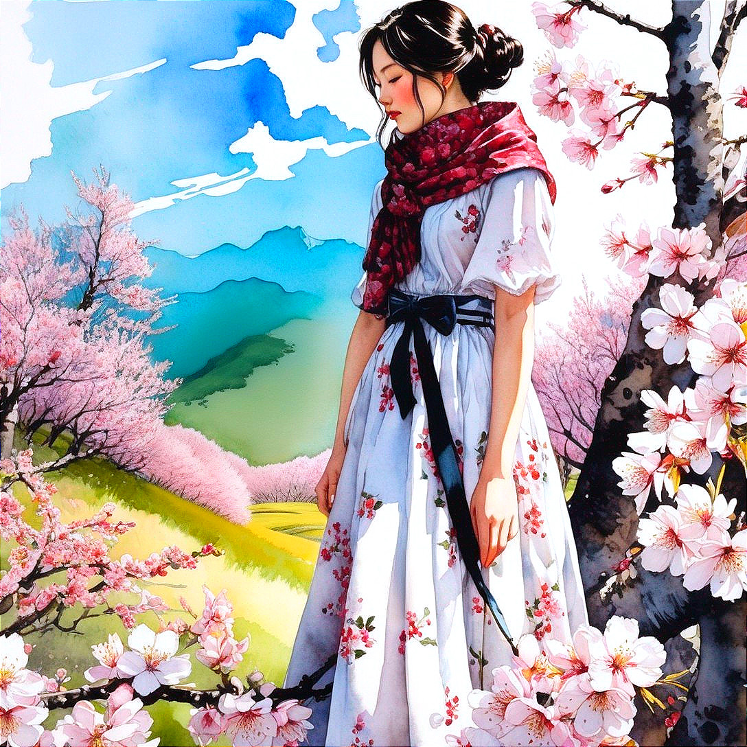 Young Woman in Cherry Orchard with Blossoms and Hills