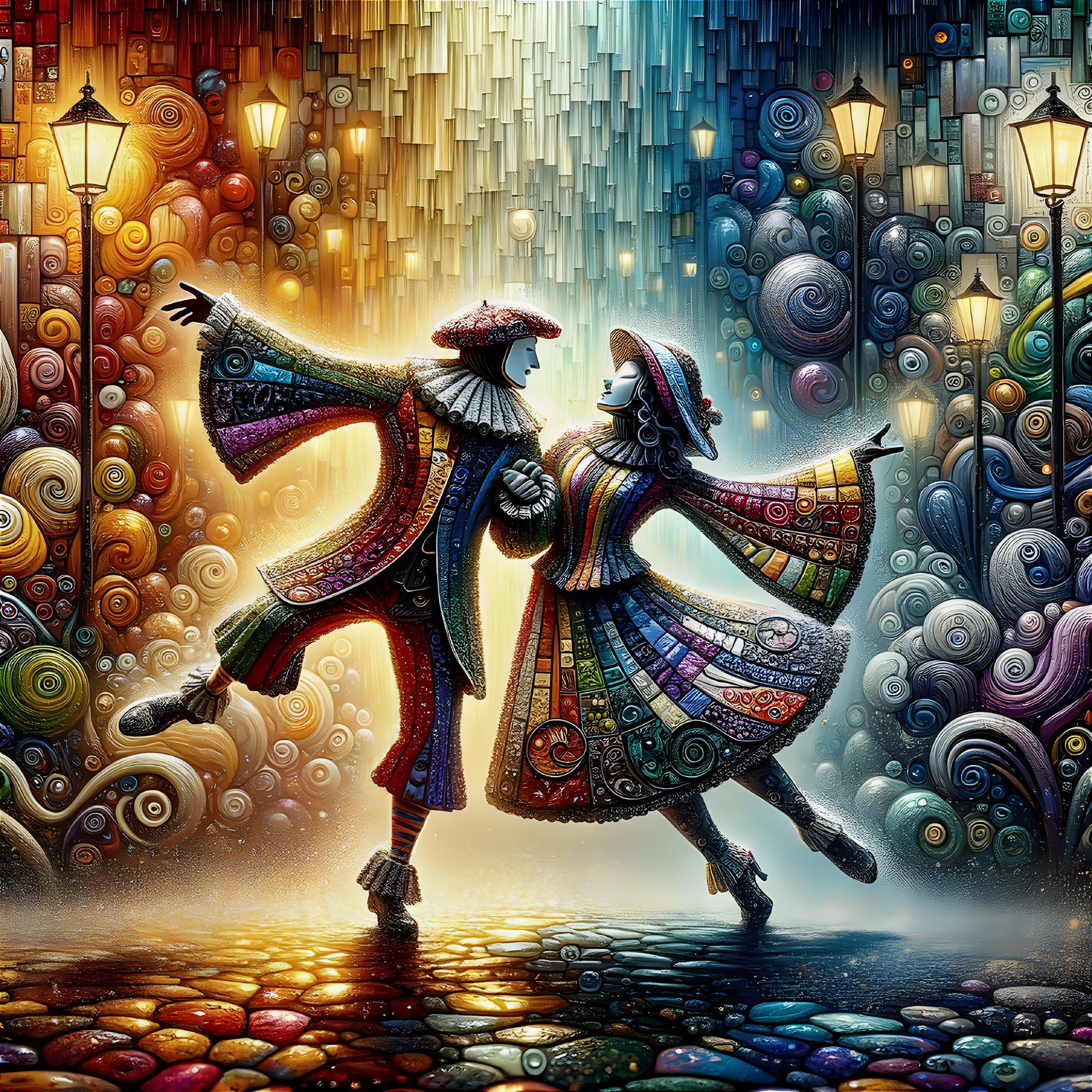 Colorful Dancing Couple on Cobblestone Path with Whimsical Patterns