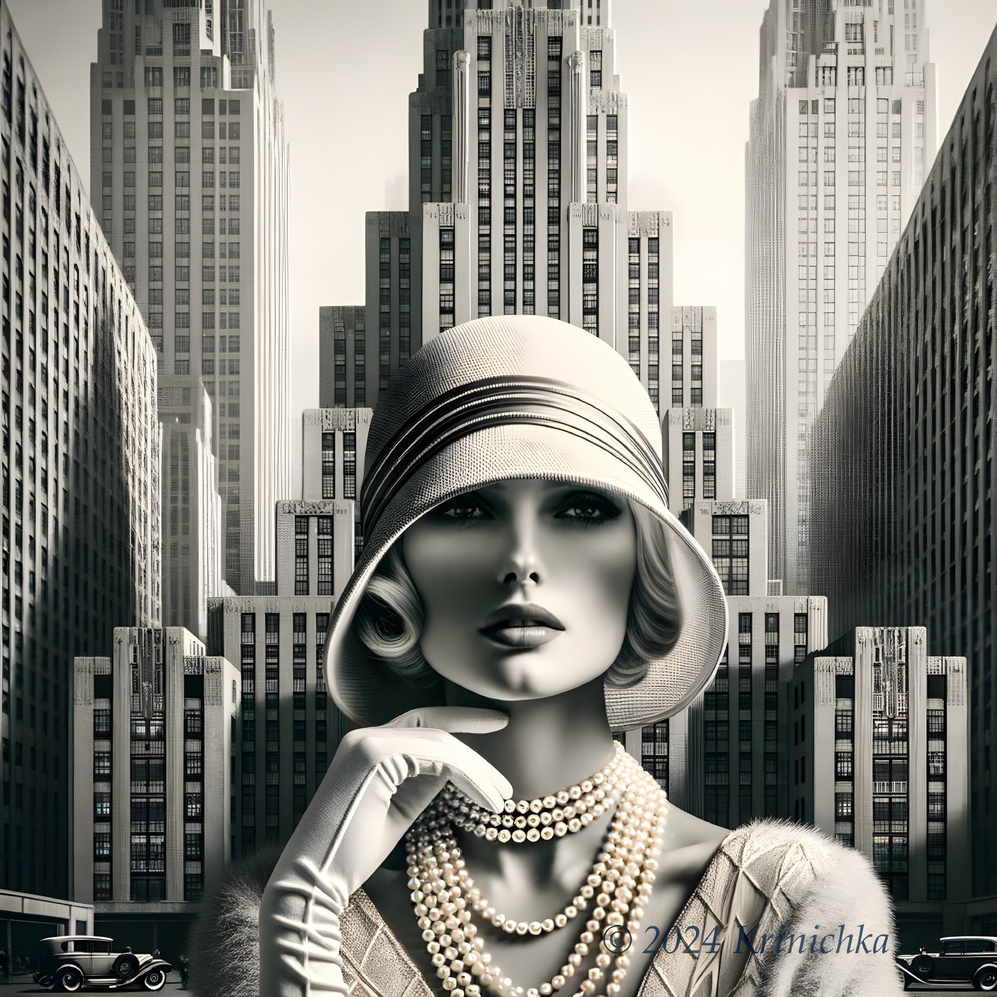 Monochrome vintage woman in cloche hat and pearls with Art Deco backdrop