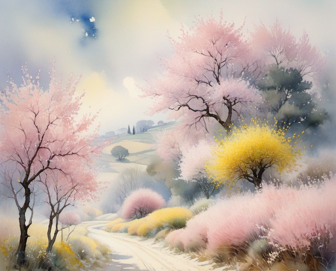 Tranquil landscape with winding path and blooming pink trees
