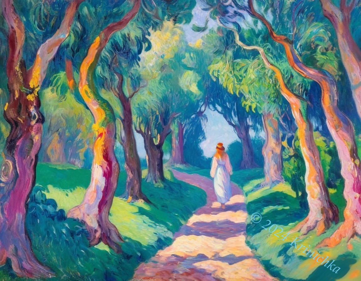 Pathway Through a Colorful Forest with Sunlit Trees