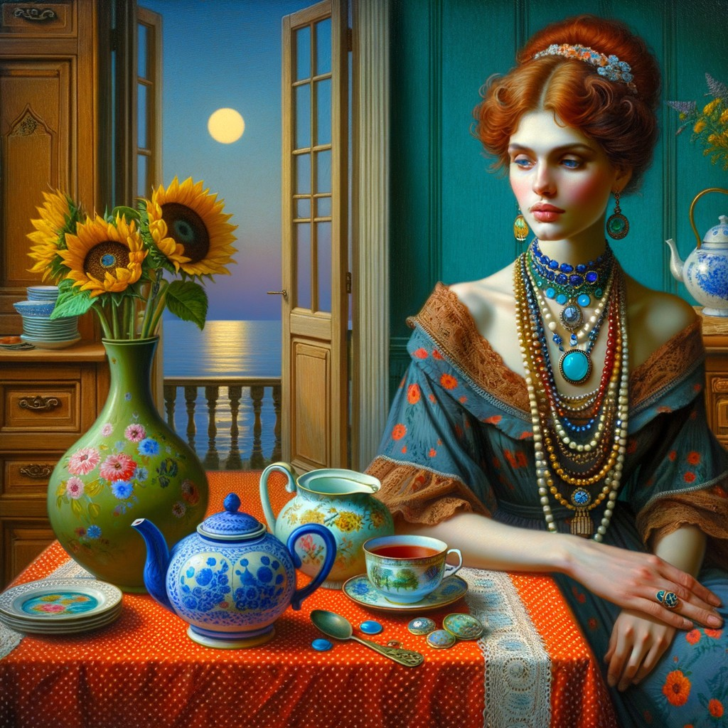 Serene Scene of a Woman with Jewelry at Sunset Table