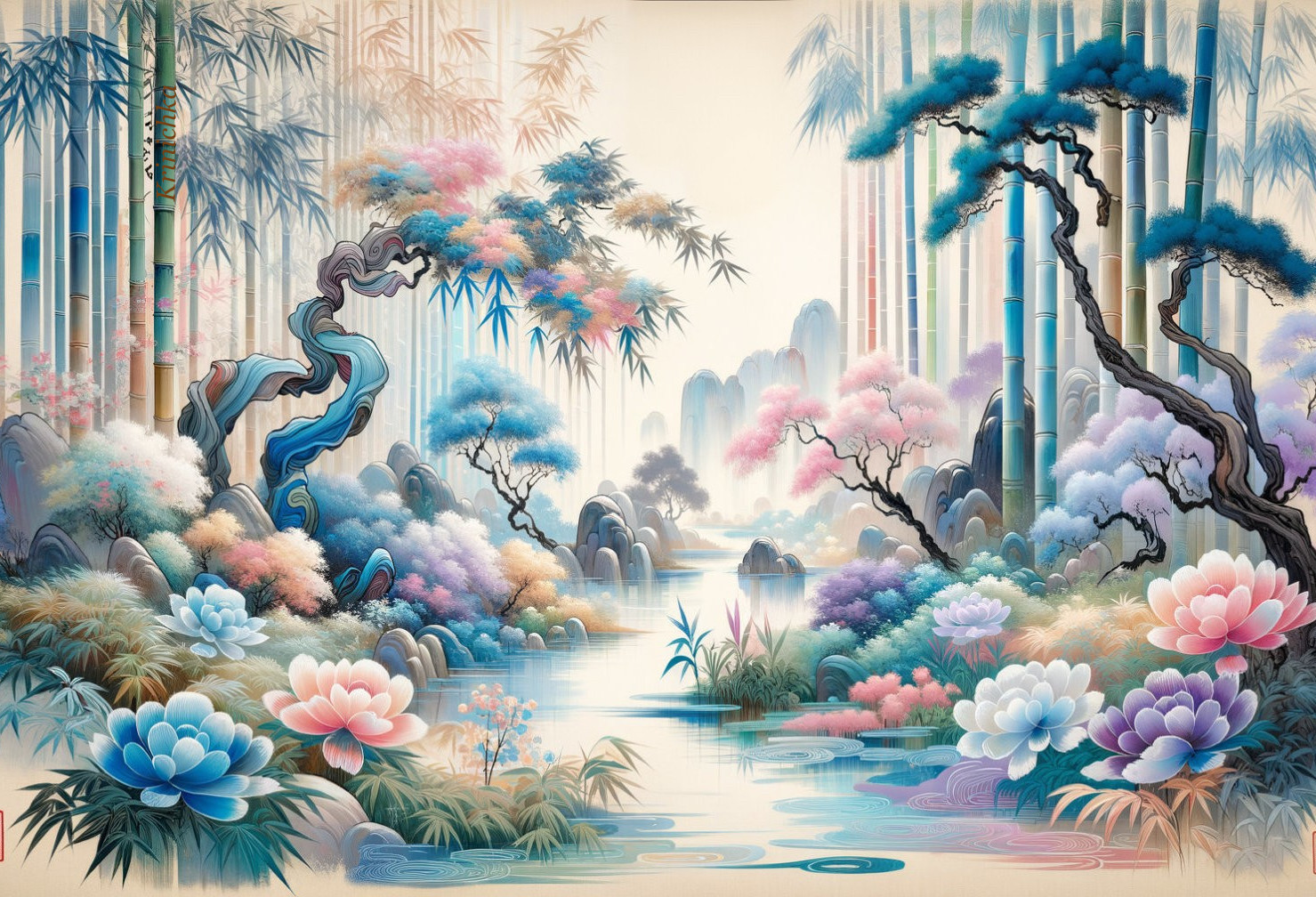 Colorful Stylized Forest Scene with Blooming Flowers and River