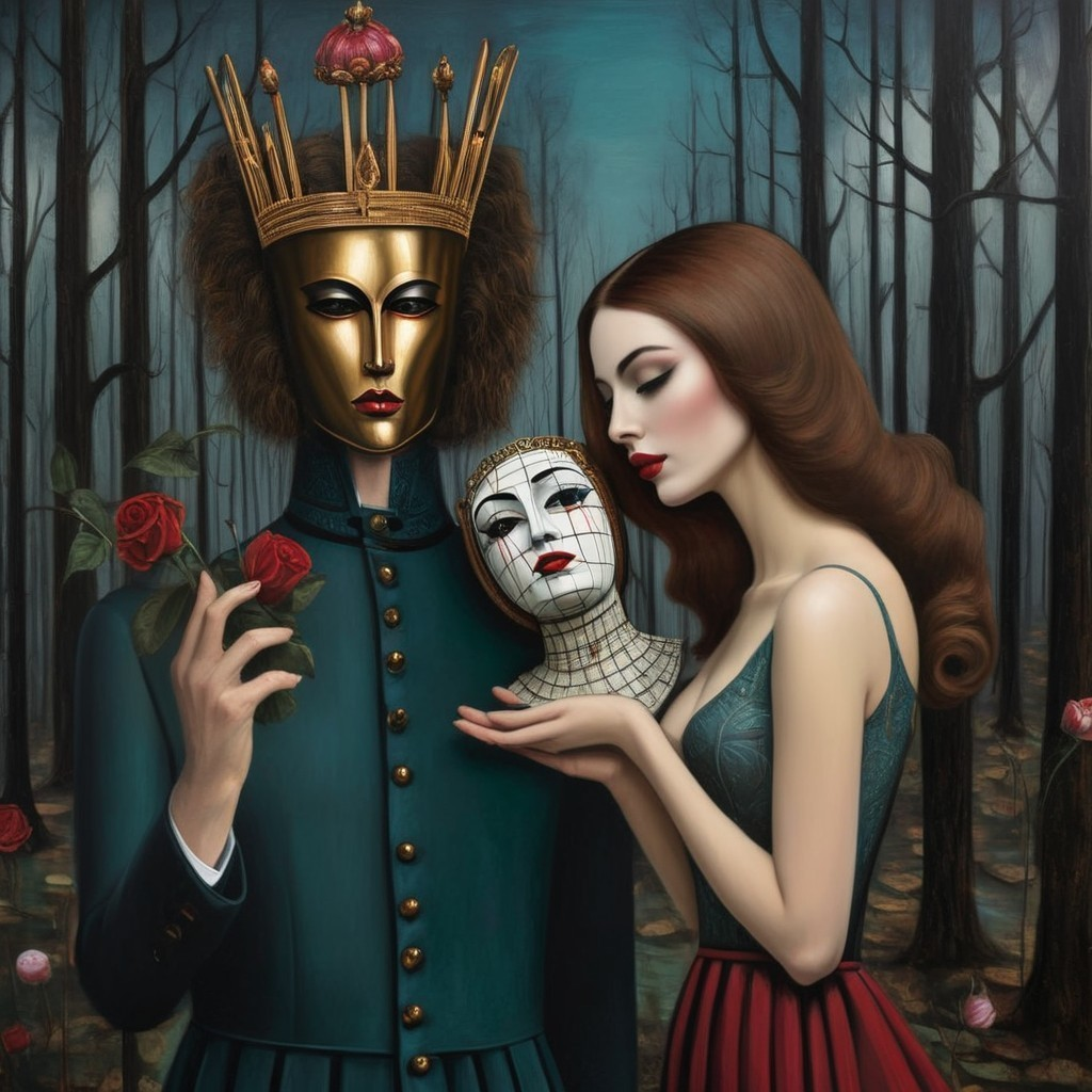 Surreal Forest Scene with Crowned Figure and Roses