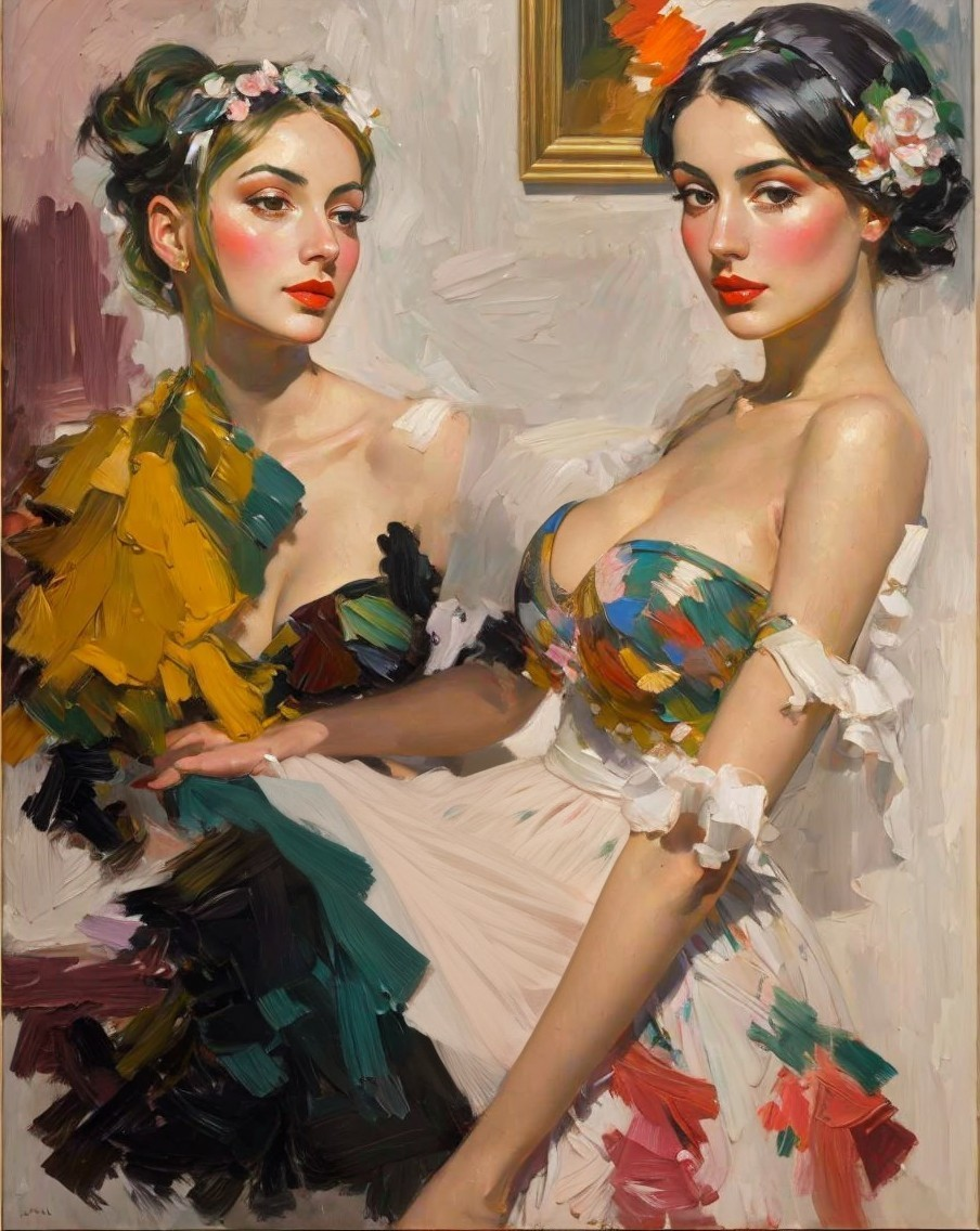 Elegant Women in Colorful Ensembles Against Soft Background