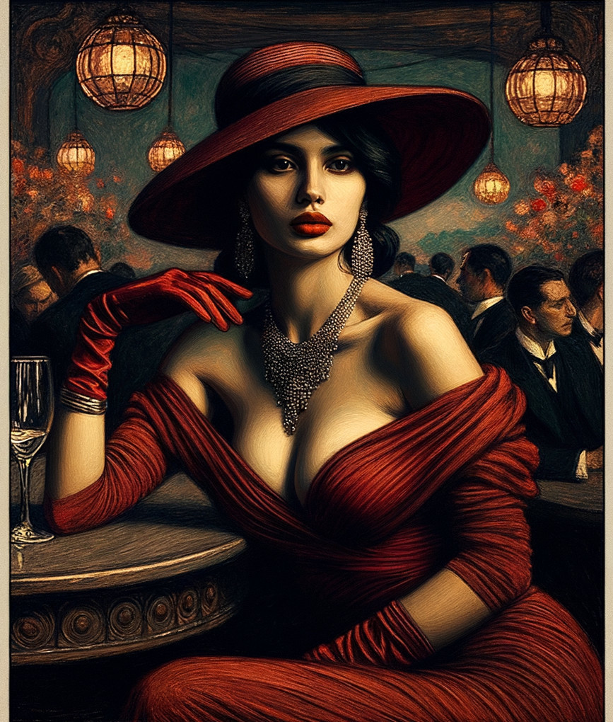 Stylish woman in red dress and hat in ornate room