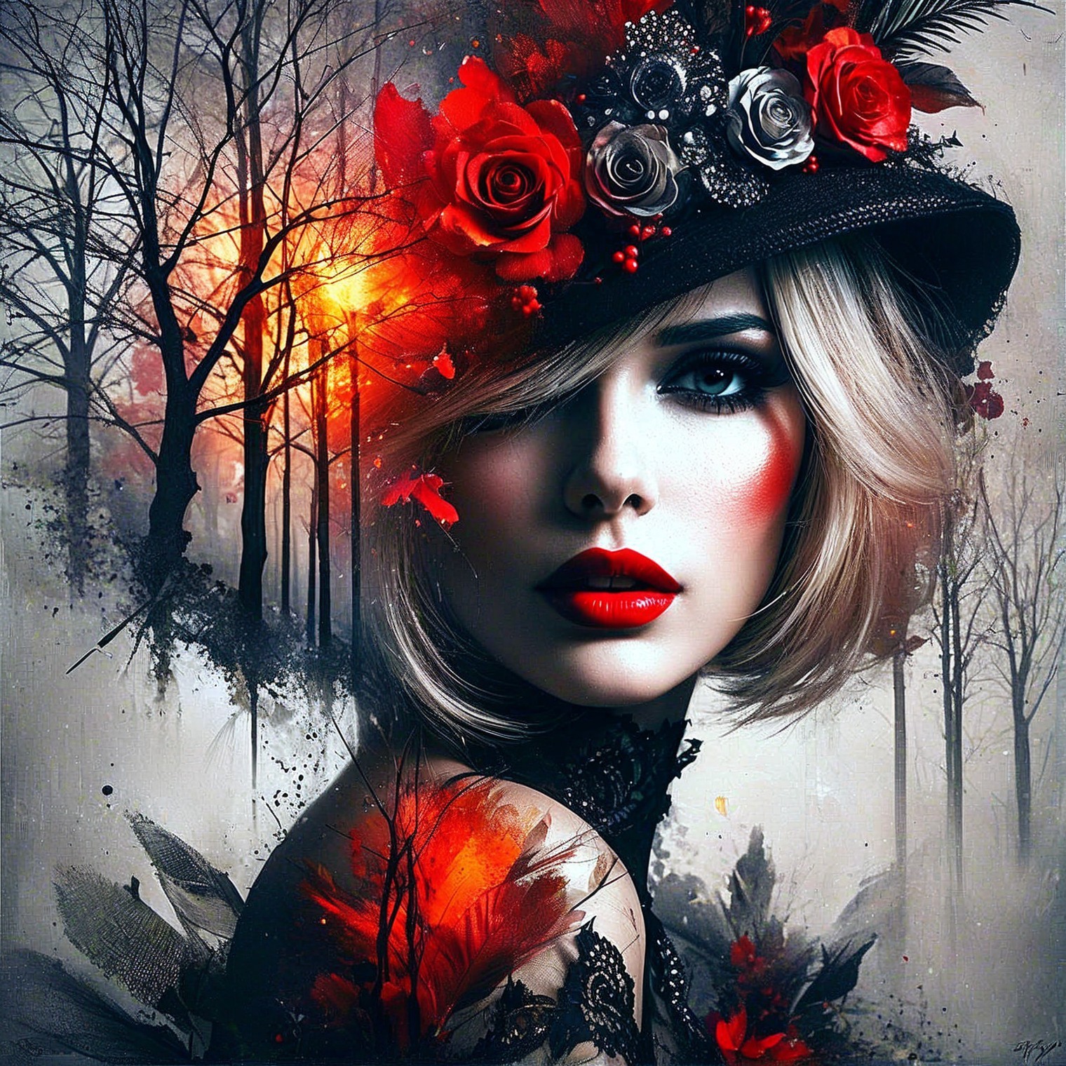 Portrait of a Woman in Black Hat with Roses and Feathers